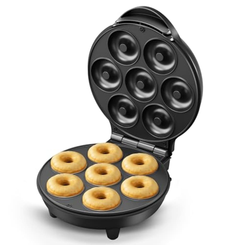 Mini máquina para hacer pasteles de gofres en forma de dona, 7 ranuras, ideal para desayuno, aperitivos, postres y más