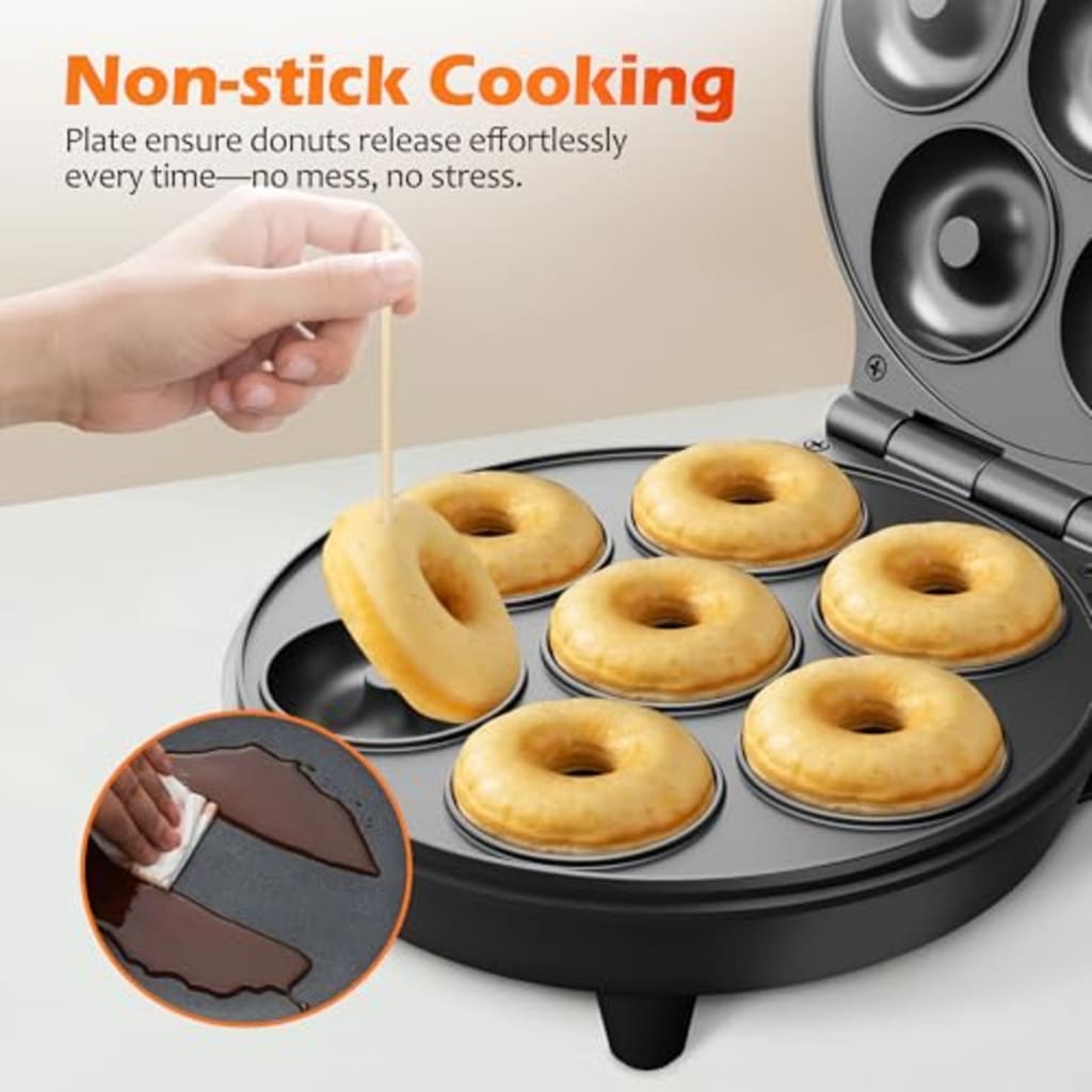 Mini máquina para hacer pasteles de gofres en forma de dona, 7 ranuras, ideal para desayuno, aperitivos, postres y más